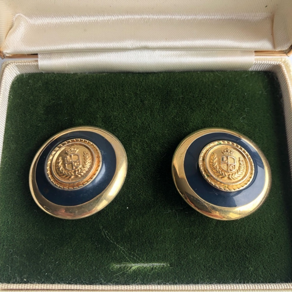 Vintage Liz Claiborne Gold & Navy Blue Enamel Crest Disc Clip on Earrings